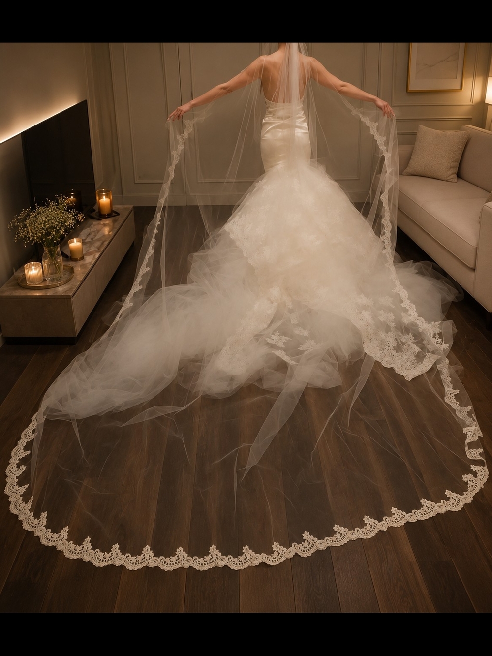 Lace-Edged Cathedral Wedding Veil in Ivory